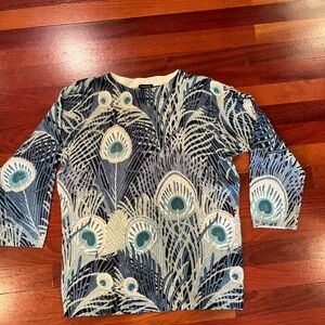 Talbots Pure Cashmere Audrey Peacock-Print 3/4 Sleeves Sweater